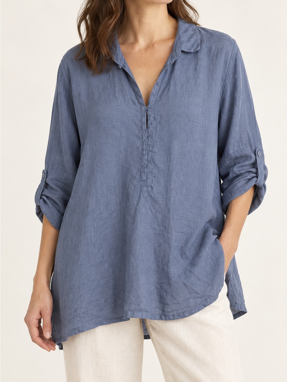 Eileen Fisher Irish Linen Blue Oversized Tunic Blouse Top Women's Sz. XS